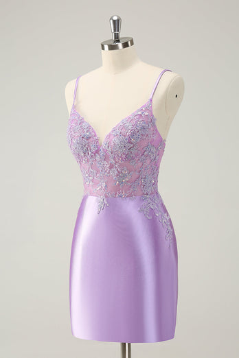 Sparkly Bodycon Lilac Spaghetti Straps Graduation Dress with Sequins