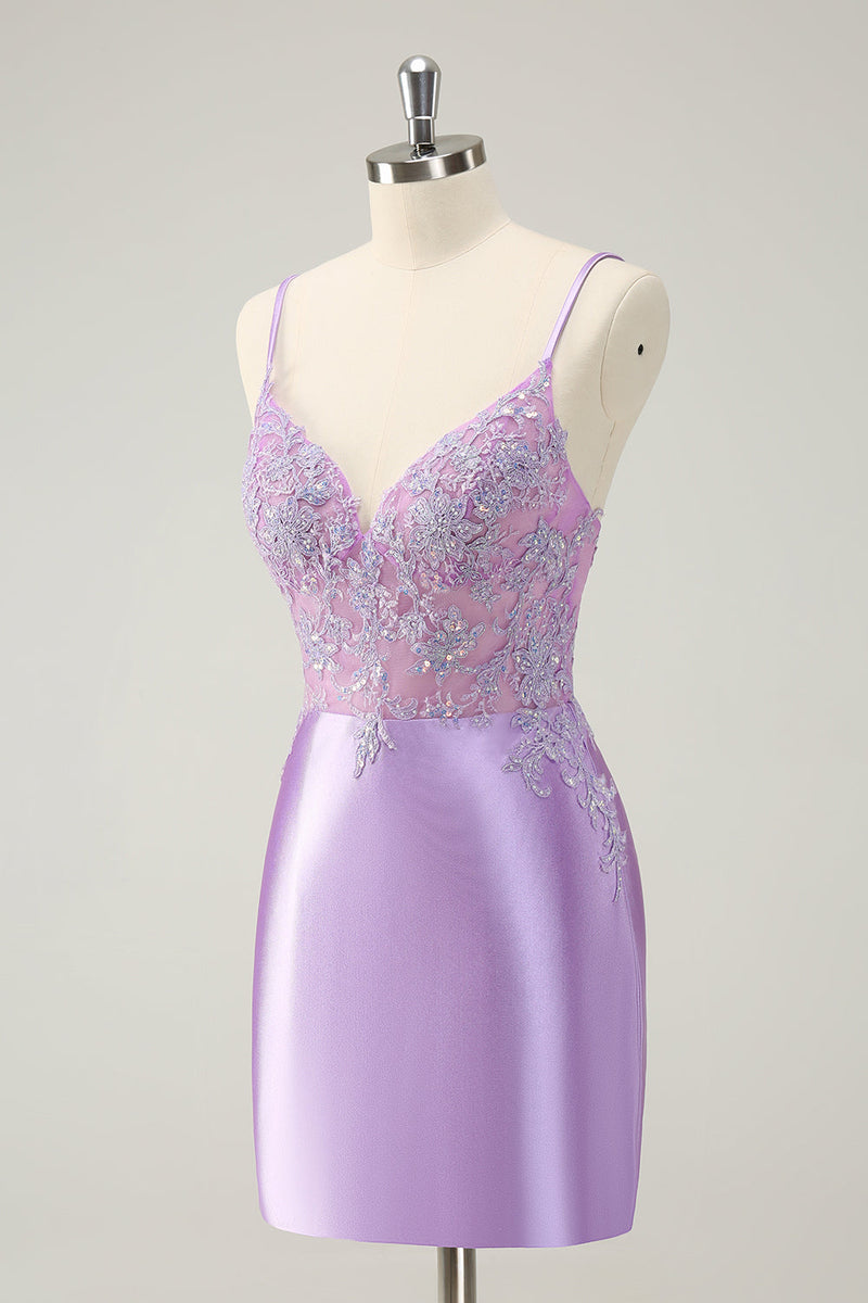 Load image into Gallery viewer, Sparkly Bodycon Lilac Spaghetti Straps Graduation Dress with Sequins