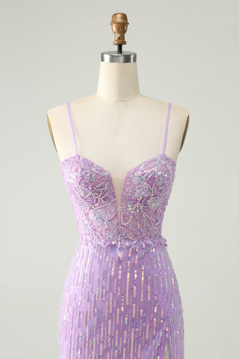 Load image into Gallery viewer, Sparkly Lilac Sequins Bodycon Short Graduation Dress with Slit