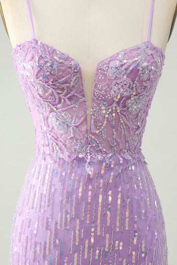 Sparkly Lilac Sequins Bodycon Short Graduation Dress with Slit