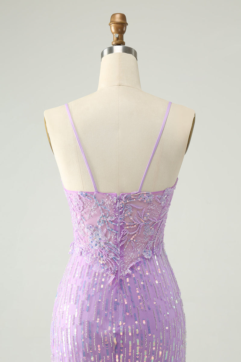 Load image into Gallery viewer, Sparkly Lilac Sequins Bodycon Short Graduation Dress with Slit