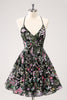 Load image into Gallery viewer, Sparkly Black A Line Floral Short Graduation Dress with Sequins