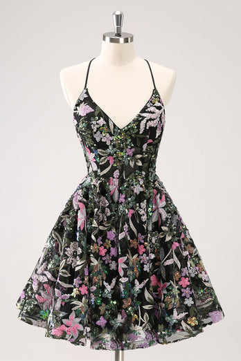 Sparkly Black A Line Floral Short Graduation Dress with Sequins