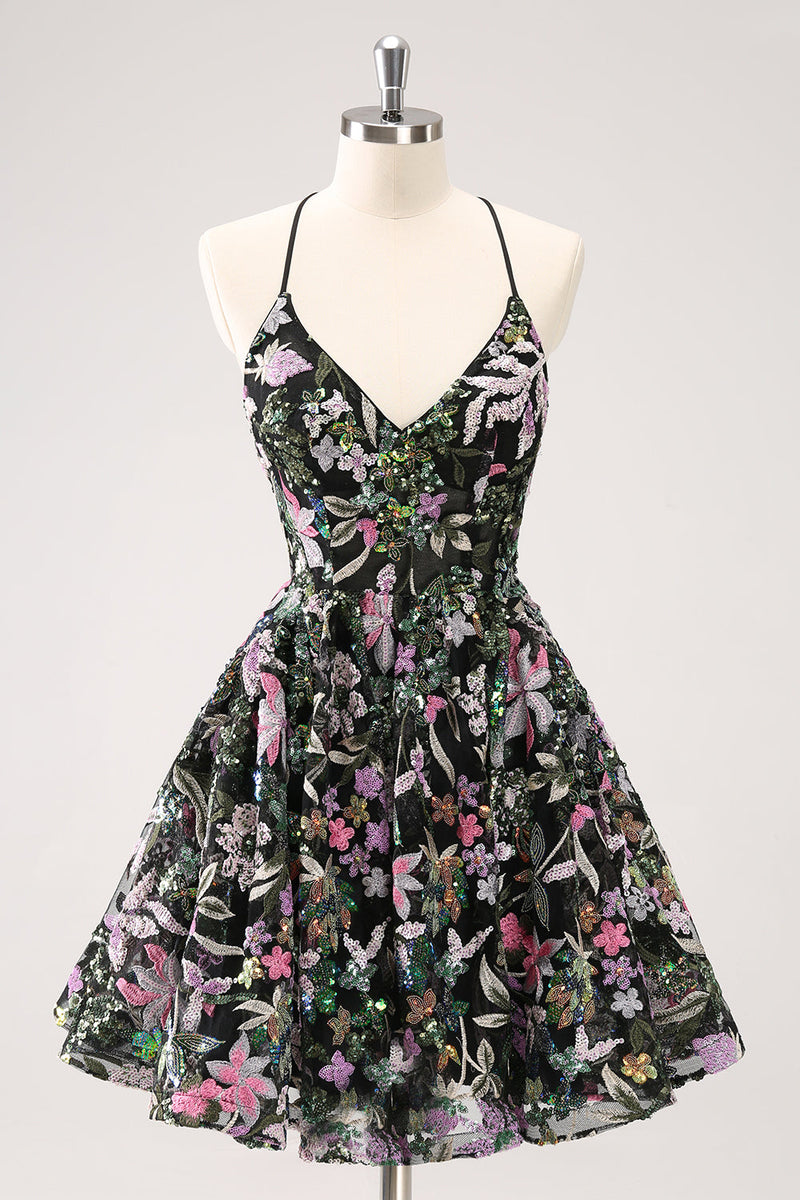 Load image into Gallery viewer, Sparkly Black A Line Floral Short Graduation Dress with Sequins