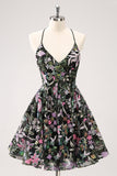 Sparkly Black A Line Floral Short Graduation Dress with Sequins