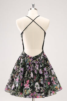 Sparkly Black A Line Floral Short Graduation Dress with Sequins