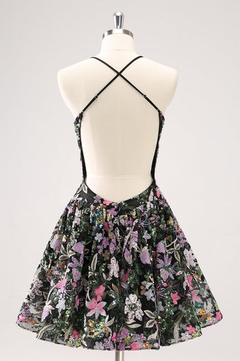 Sparkly Black A Line Floral Short Graduation Dress with Sequins