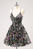 Load image into Gallery viewer, Sparkly Black A Line Floral Short Graduation Dress with Sequins