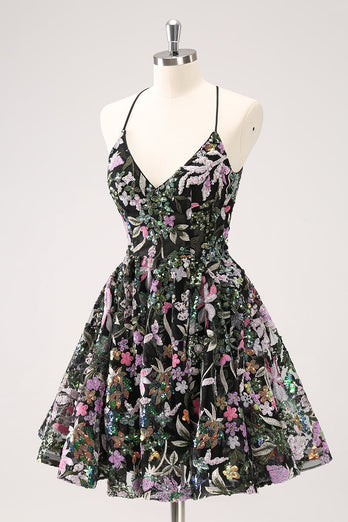 Sparkly Black A Line Floral Short Graduation Dress with Sequins