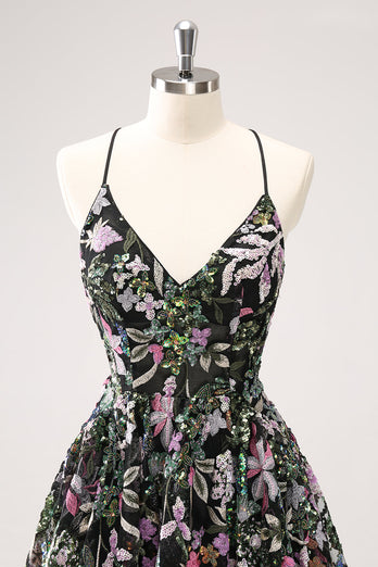 Sparkly Black A Line Floral Short Graduation Dress with Sequins