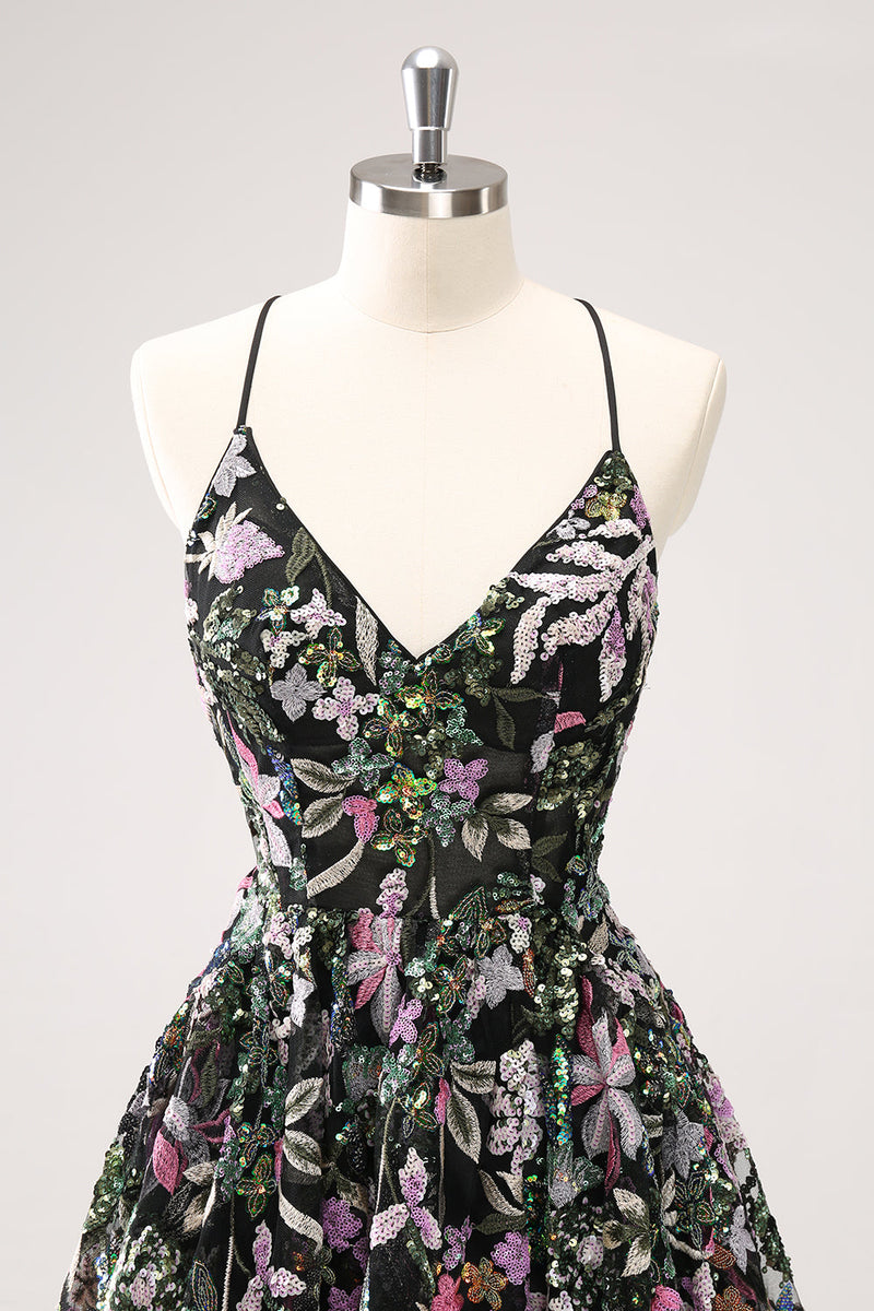 Load image into Gallery viewer, Sparkly Black A Line Floral Short Graduation Dress with Sequins