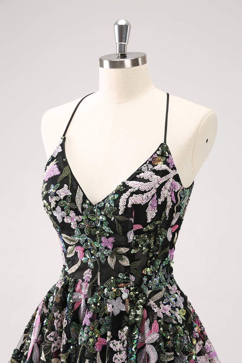 Load image into Gallery viewer, Sparkly Black A Line Floral Short Graduation Dress with Sequins