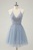 Load image into Gallery viewer, Sparkly Dusty Blue A Line Halter Graduation Dress with Appliques