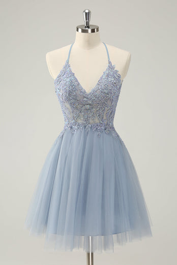 Sparkly Dusty Blue A Line Halter Graduation Dress with Appliques