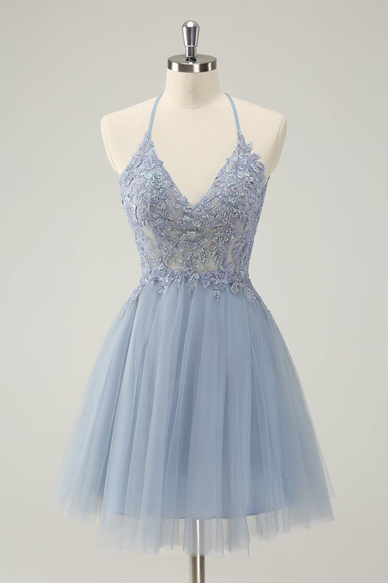 Load image into Gallery viewer, Sparkly Dusty Blue A Line Halter Graduation Dress with Appliques