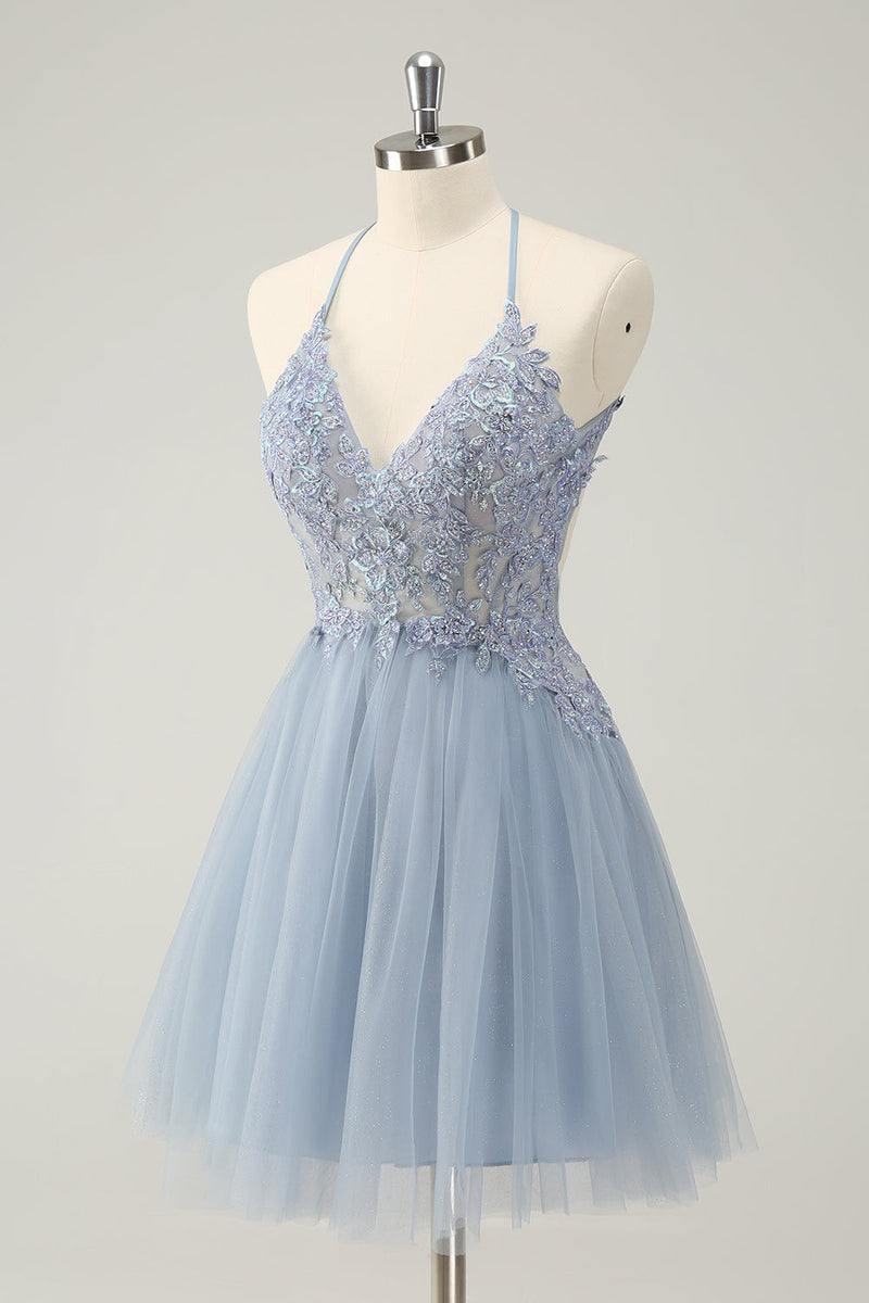 Load image into Gallery viewer, Sparkly Dusty Blue A Line Halter Graduation Dress with Appliques