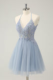 Sparkly Dusty Blue A Line Halter Graduation Dress with Appliques