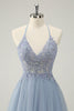 Load image into Gallery viewer, Sparkly Dusty Blue A Line Halter Graduation Dress with Appliques