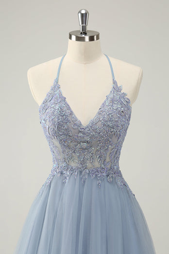 Sparkly Dusty Blue A Line Halter Graduation Dress with Appliques