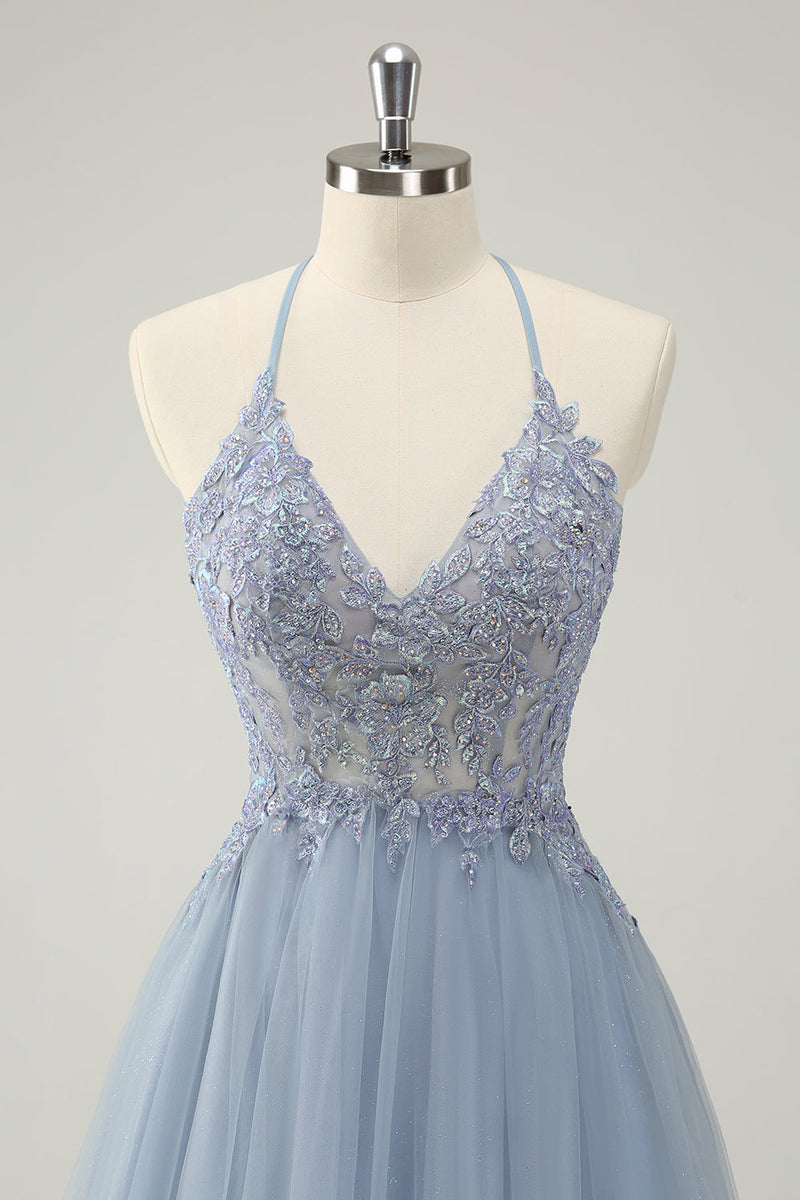 Load image into Gallery viewer, Sparkly Dusty Blue A Line Halter Graduation Dress with Appliques