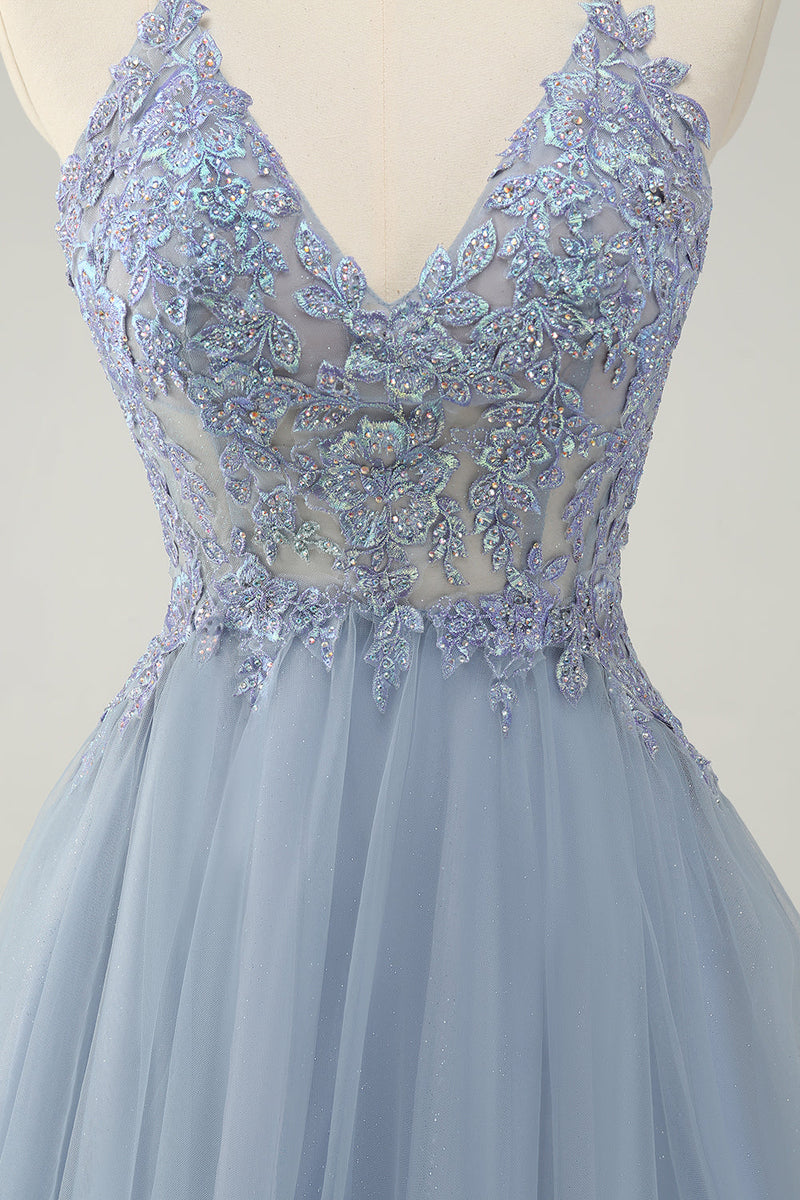 Load image into Gallery viewer, Sparkly Dusty Blue A Line Halter Graduation Dress with Appliques