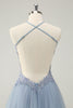 Load image into Gallery viewer, Sparkly Dusty Blue A Line Halter Graduation Dress with Appliques