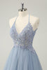 Load image into Gallery viewer, Sparkly Dusty Blue A Line Halter Graduation Dress with Appliques