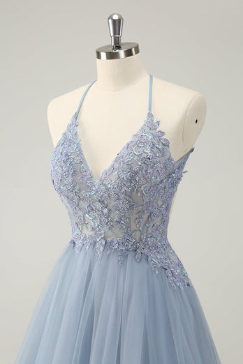 Sparkly Dusty Blue A Line Halter Graduation Dress with Appliques