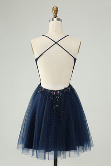 Glitter Navy A-Line Sequined Tulle Graduation Dress