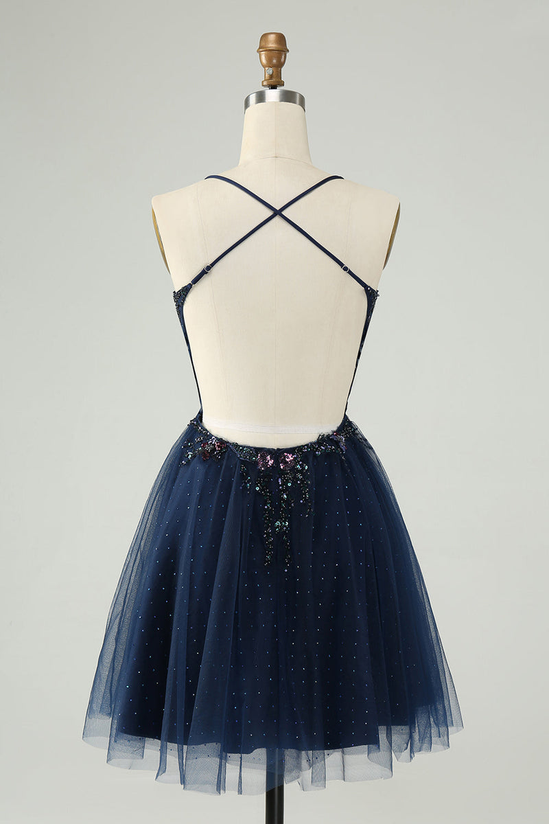 Load image into Gallery viewer, Glitter Navy A-Line Sequined Tulle Graduation Dress