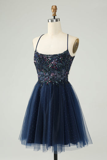 Glitter Navy A-Line Sequined Tulle Graduation Dress