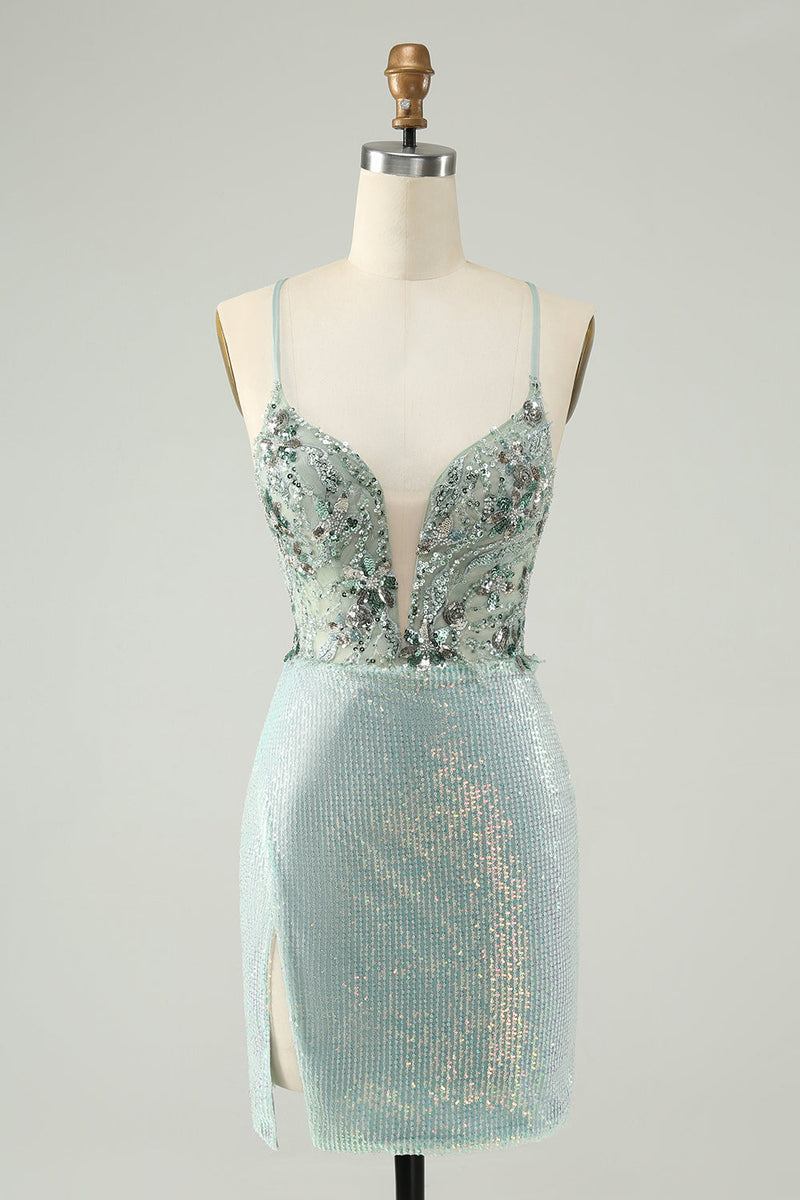 Load image into Gallery viewer, Glitter Dusty Green Tight Sequins V Neck Graduation Dress