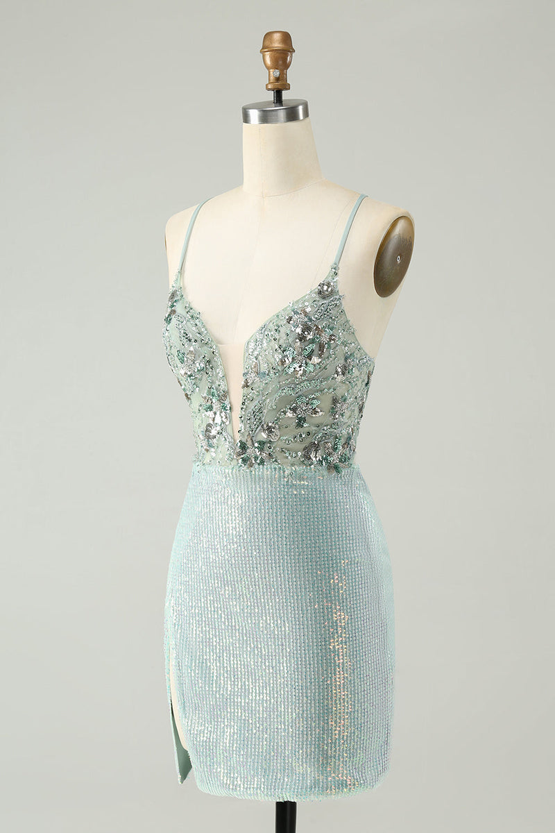 Load image into Gallery viewer, Glitter Dusty Green Tight Sequins V Neck Graduation Dress