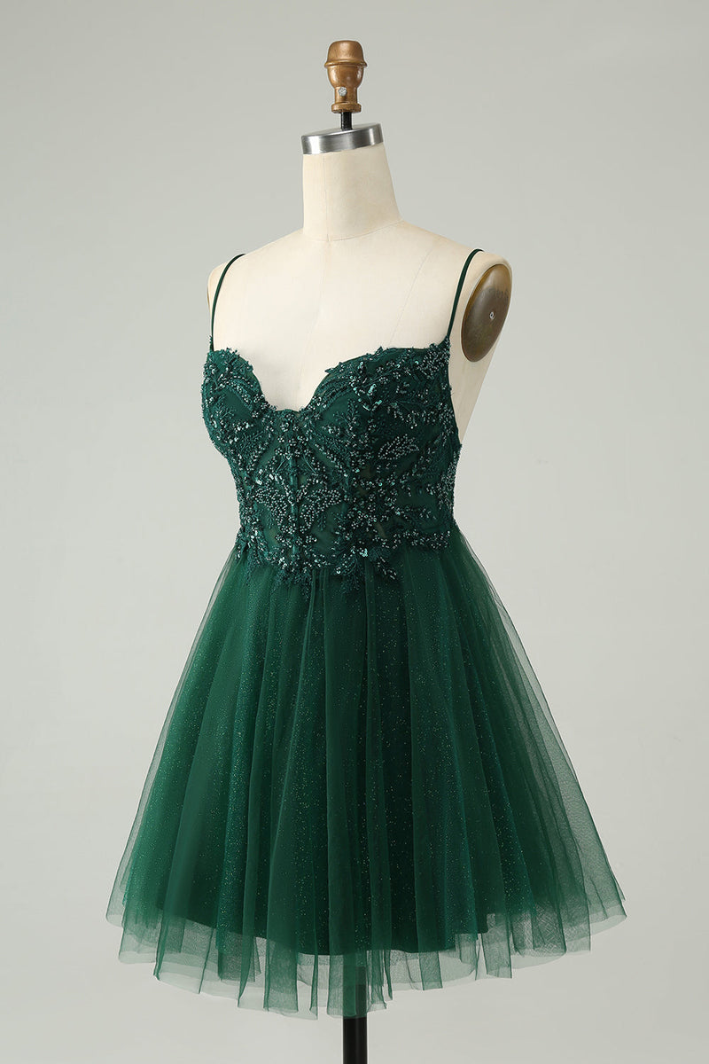 Load image into Gallery viewer, Glitter Dark Green A-Line Beaded Appliques Tulle Graduation Dress