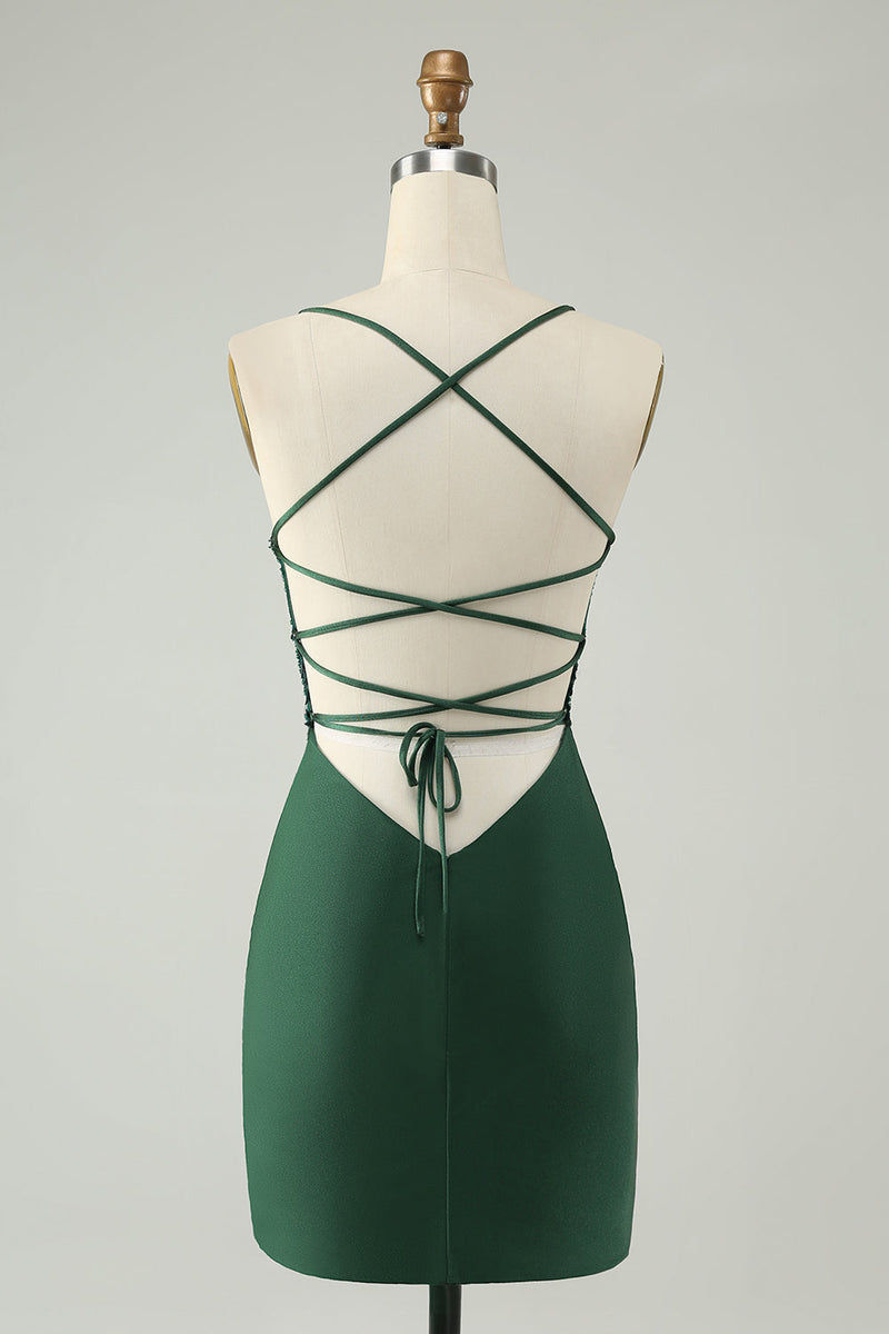 Load image into Gallery viewer, Glitter Dark Green Tight V Neck Beaded Graduation Dress