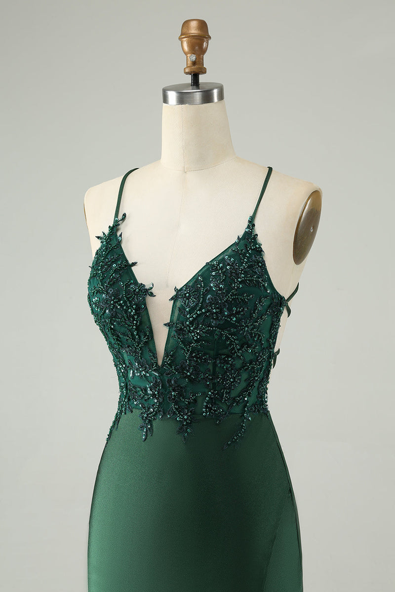 Load image into Gallery viewer, Glitter Dark Green Tight V Neck Beaded Graduation Dress