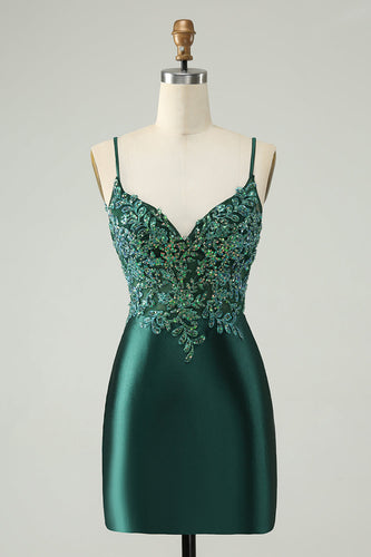 Glitter Dark Green Tight V Neck Short Graduation Dress with Sequins