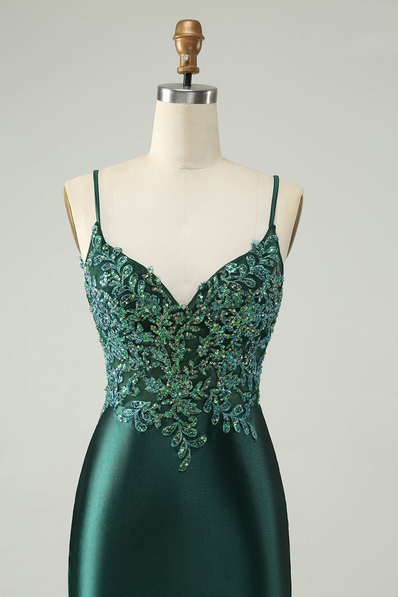 Load image into Gallery viewer, Glitter Dark Green Tight V Neck Short Graduation Dress with Sequins