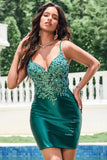 Sparkly Dark Green Tight V Neck Short Graduation Dress with Sequins