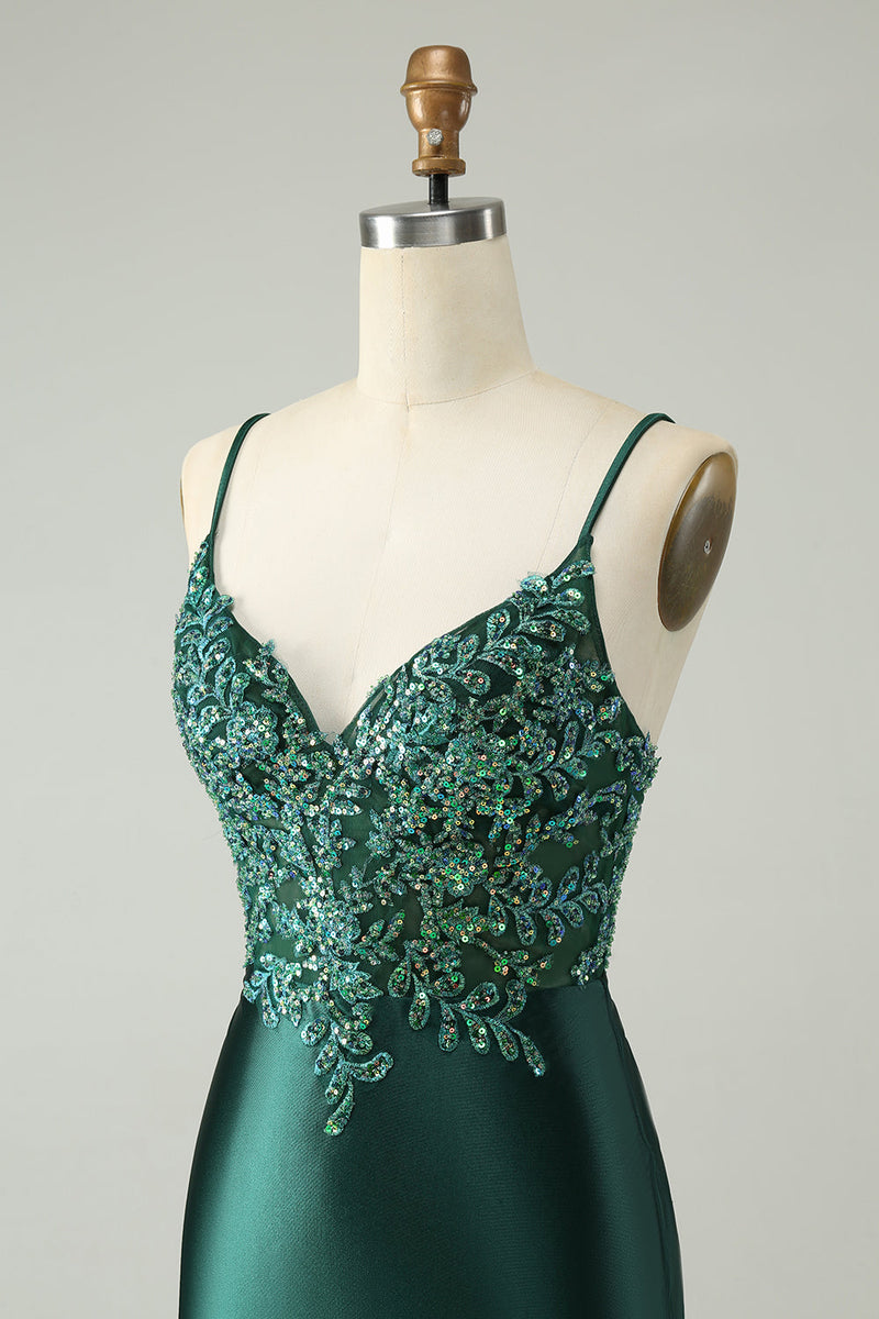 Load image into Gallery viewer, Glitter Dark Green Tight V Neck Short Graduation Dress with Sequins