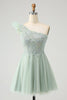 Load image into Gallery viewer, Cute Dusty Sage A Line One Shoulder Tulle Graduation Dress with Appliques