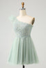 Load image into Gallery viewer, Cute Dusty Sage A Line One Shoulder Tulle Graduation Dress with Appliques