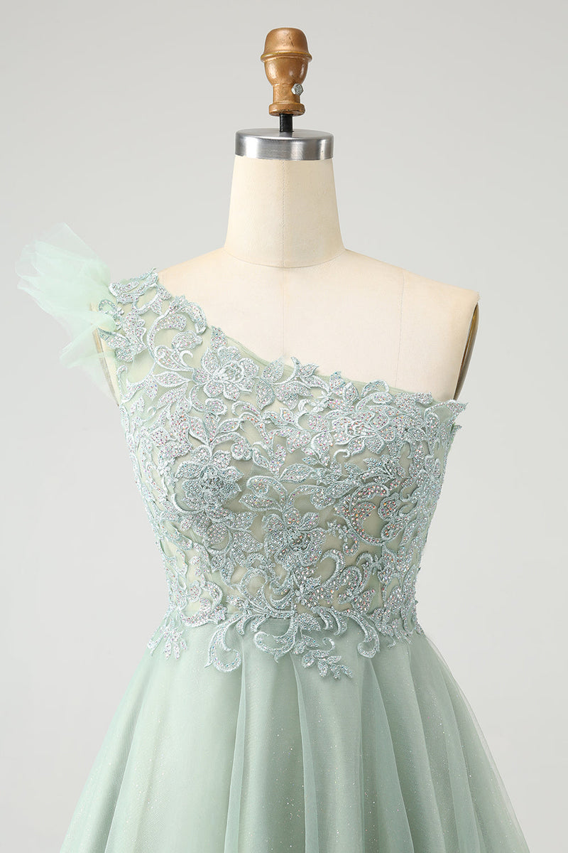 Load image into Gallery viewer, Cute Dusty Sage A Line One Shoulder Tulle Graduation Dress with Appliques