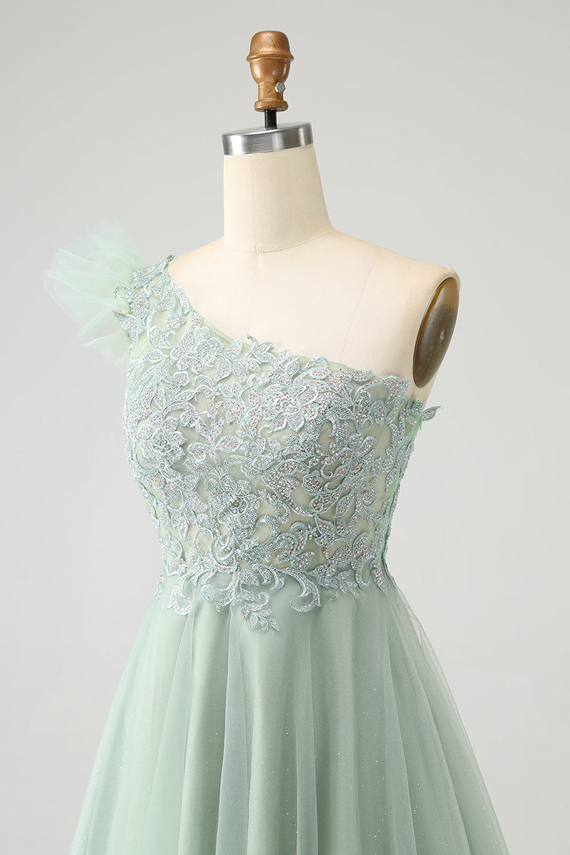 Load image into Gallery viewer, Cute Dusty Sage A Line One Shoulder Tulle Graduation Dress with Appliques