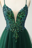 Glitter Dark Green A-Line Sequined Appliques V Neck Graduation Dress
