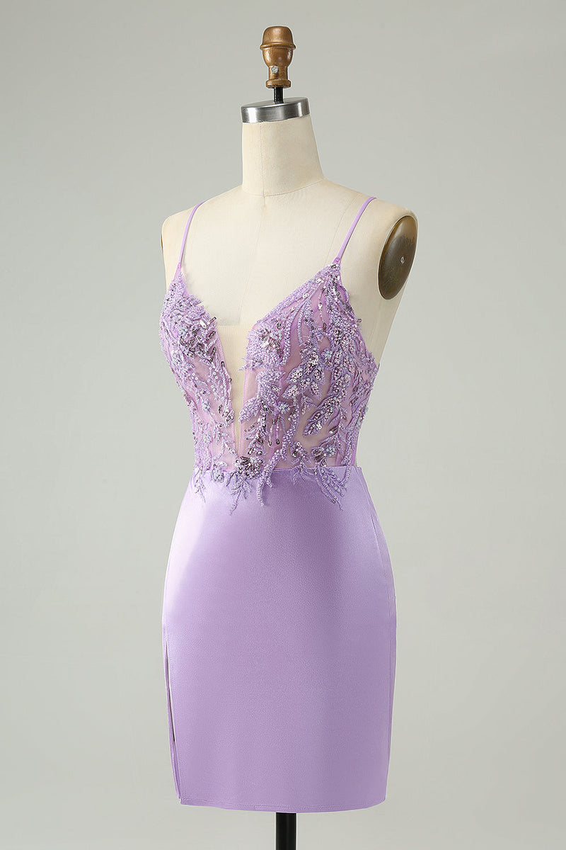 Load image into Gallery viewer, Glitter Purple V Neck Tight Sequined Appliques Graduation Dress