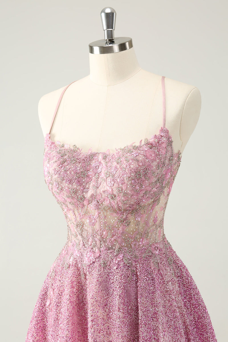 Load image into Gallery viewer, Dark Pink A Line Sparkly Beading Appliques Corset Short Graduation Dress