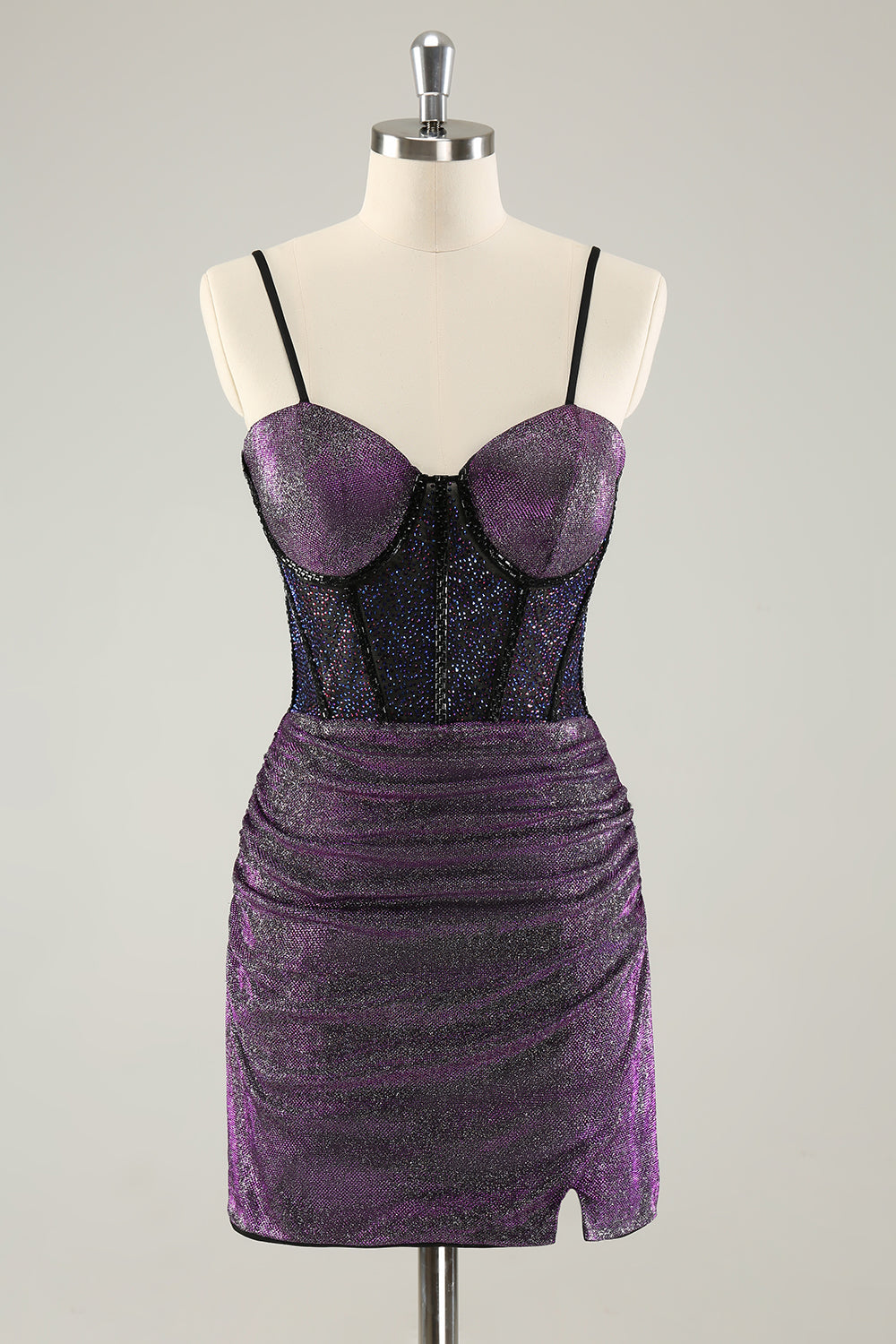 Dark Purple Spaghetti Straps Corset Glitter Short Graduation Dress