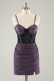 Dark Purple Spaghetti Straps Corset Glitter Short Graduation Dress