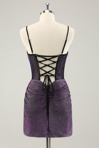 Dark Purple Spaghetti Straps Corset Glitter Short Graduation Dress